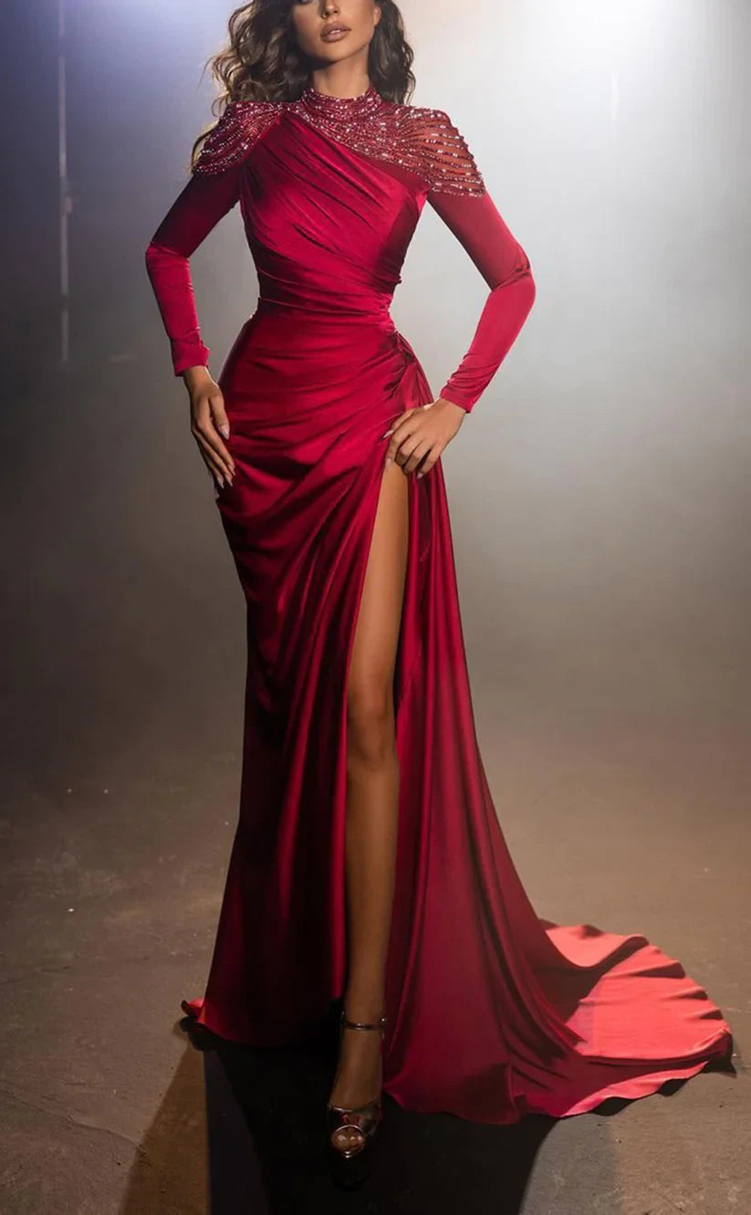 RP762-Gorgeous Burgundy Mermaid High Neck Beads Crystals Long Sleeves Prom Evening Dresses Formal Party Gowns With Slit