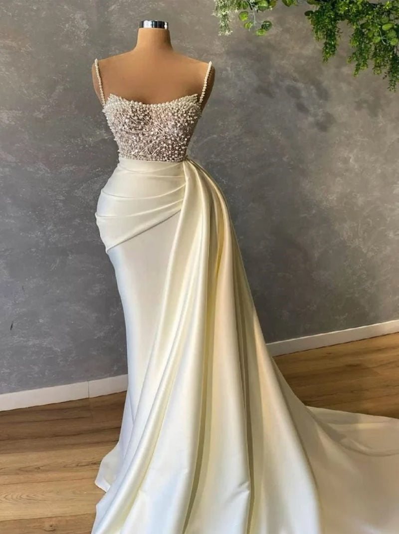 Modern & Elegant Mermaid Wedding Dresses Spaghetti Pleated Beads Sleeveless Lace Sweep Train Bridal Gowns