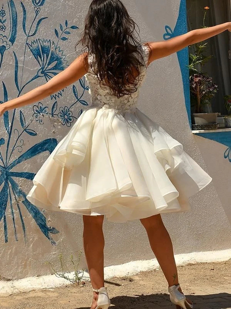 Cute A-Line Wedding Dresses Jewel Cap Sleeves Appliqued Ruffles Short Organza Bridal Gowns Custom Made