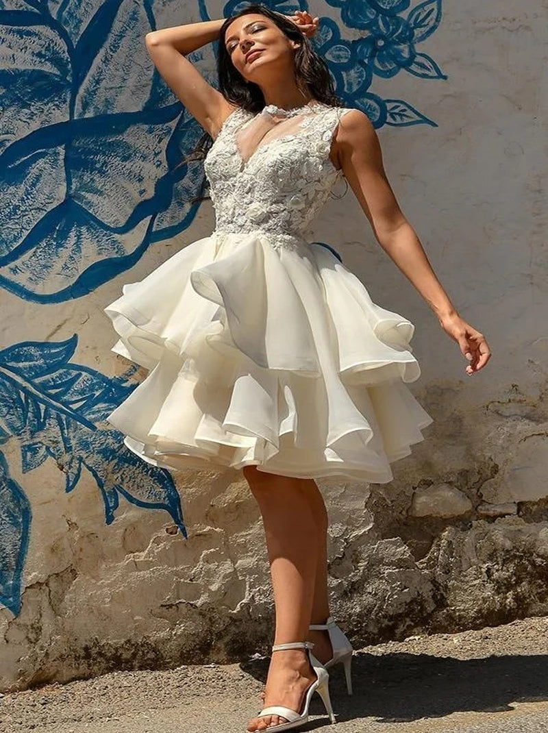 Cute A-Line Wedding Dresses Jewel Cap Sleeves Appliqued Ruffles Short Organza Bridal Gowns Custom Made