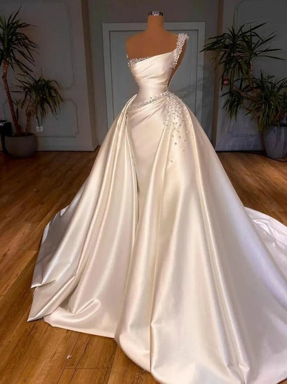 Romantic & Luxurious A-Line Wedding Dresses Strapless Pleated Beads One Shoulder Satin Court Train Bridal Gowns