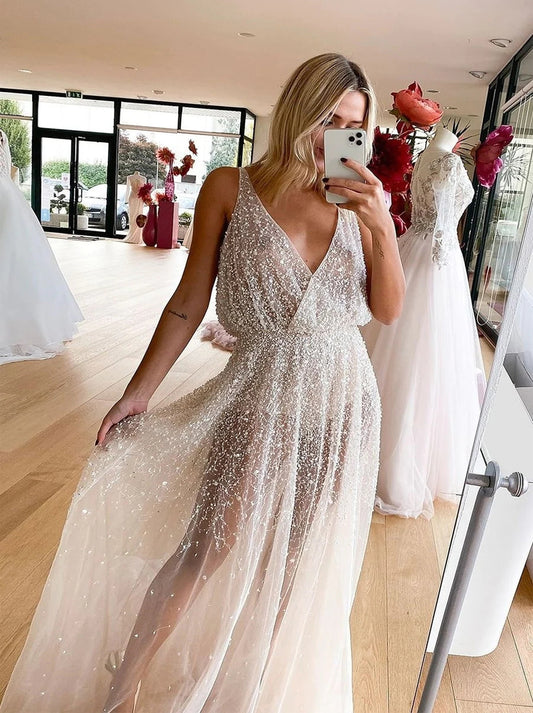 Sparkling A-Line Wedding Dresses V-Neck Long Sleeves Sequins Beads Backless Sequins Sweep Train Bridal Gowns Custom Made