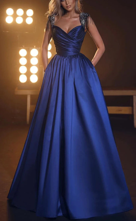 RP763-Elegant Royal Blue A-Line Spaghetti Ruched Crystals Sleeveless Long Prom Evening Dresses Formal Party Gowns With Slit