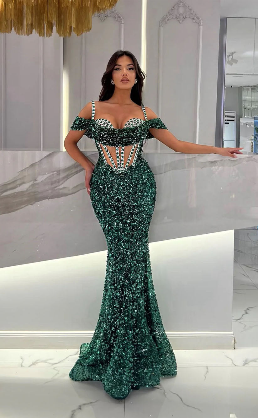 RP1753-Luxury Green Mermaid Spaghetti Crystals Sleeveless Sequins Prom Evening Dresses Formal Party Gowns With Train