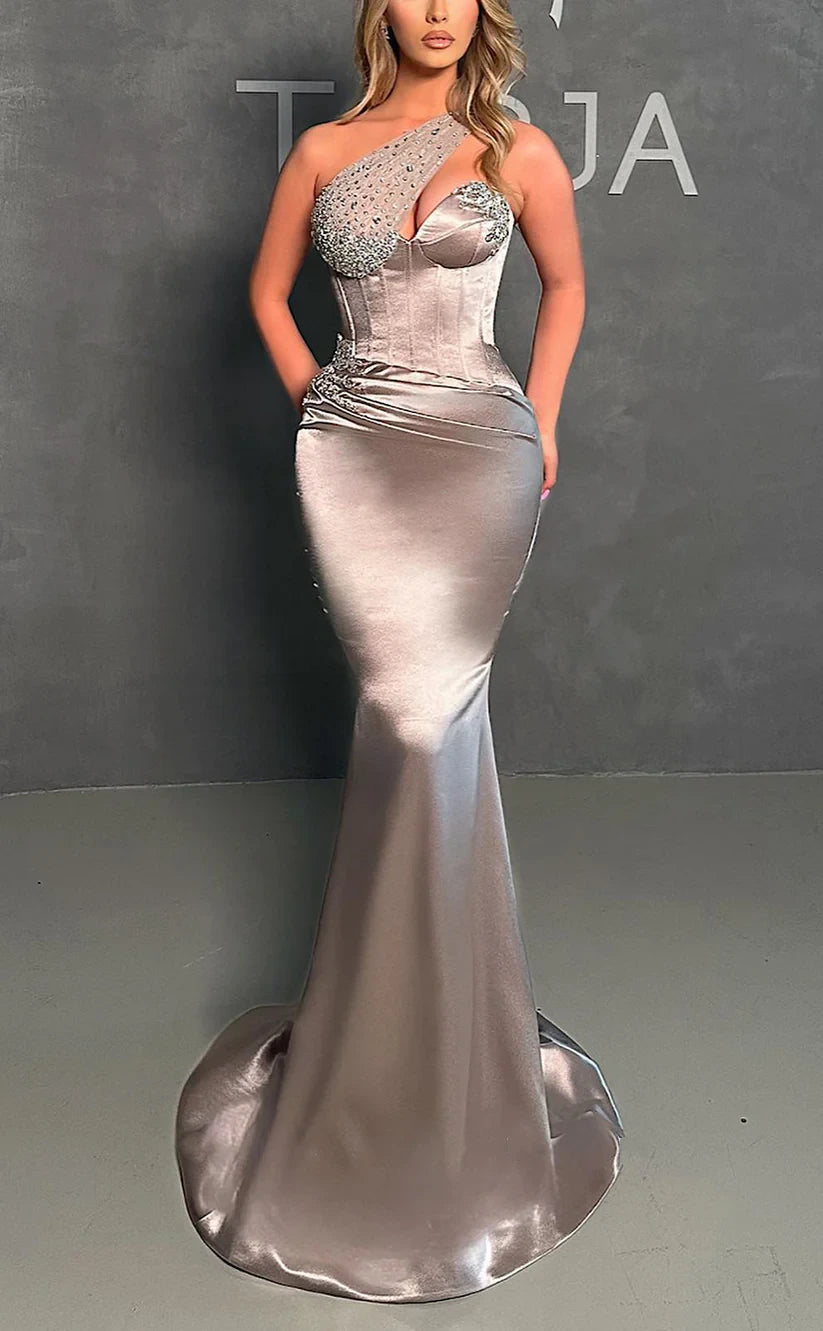 RP765-New Mermaid Champagne One Shoulder Crystals Long Prom Evening Dresses Formal Party Gowns With Slit