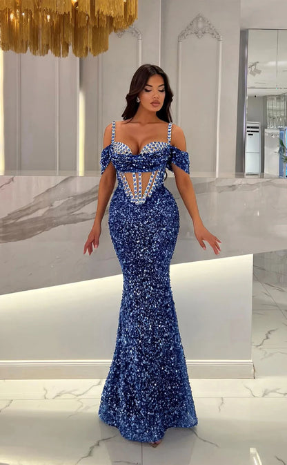 RP1752-Luxury Royal Blue Mermaid Spaghetti Crystals Sleeveless Sequins Prom Evening Dresses Formal Party Gowns With Train