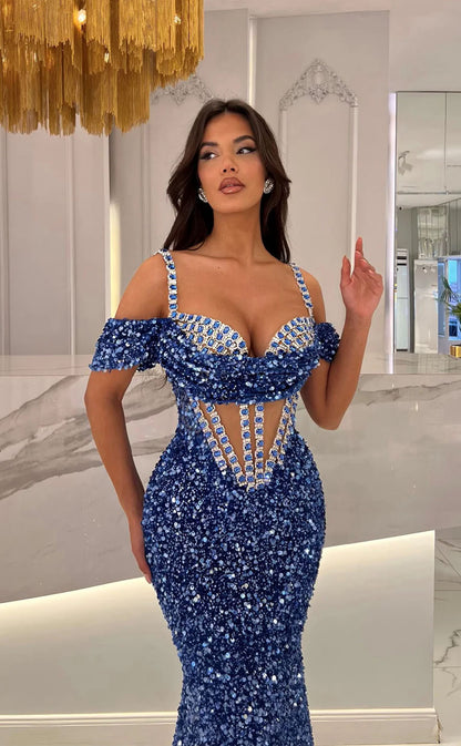 RP1752-Luxury Royal Blue Mermaid Spaghetti Crystals Sleeveless Sequins Prom Evening Dresses Formal Party Gowns With Train