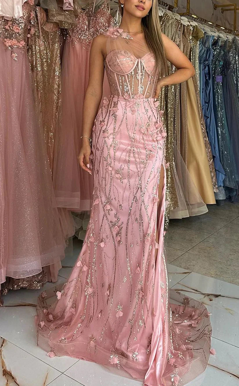 RP766-New Mermaid Pink One Shoulder Appliqued Sequins Long Prom Evening Dresses Formal Party Gowns With Slit