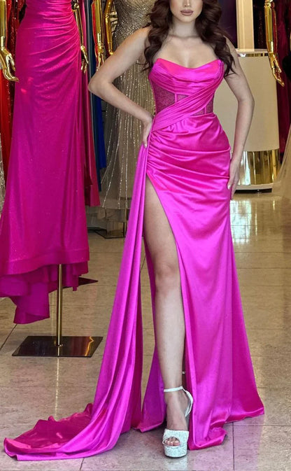 RP767-Fuchsia Mermaid Sweetheart Ruched Sleeveless Long Prom Evening Dresses Formal Party Gowns With Slit