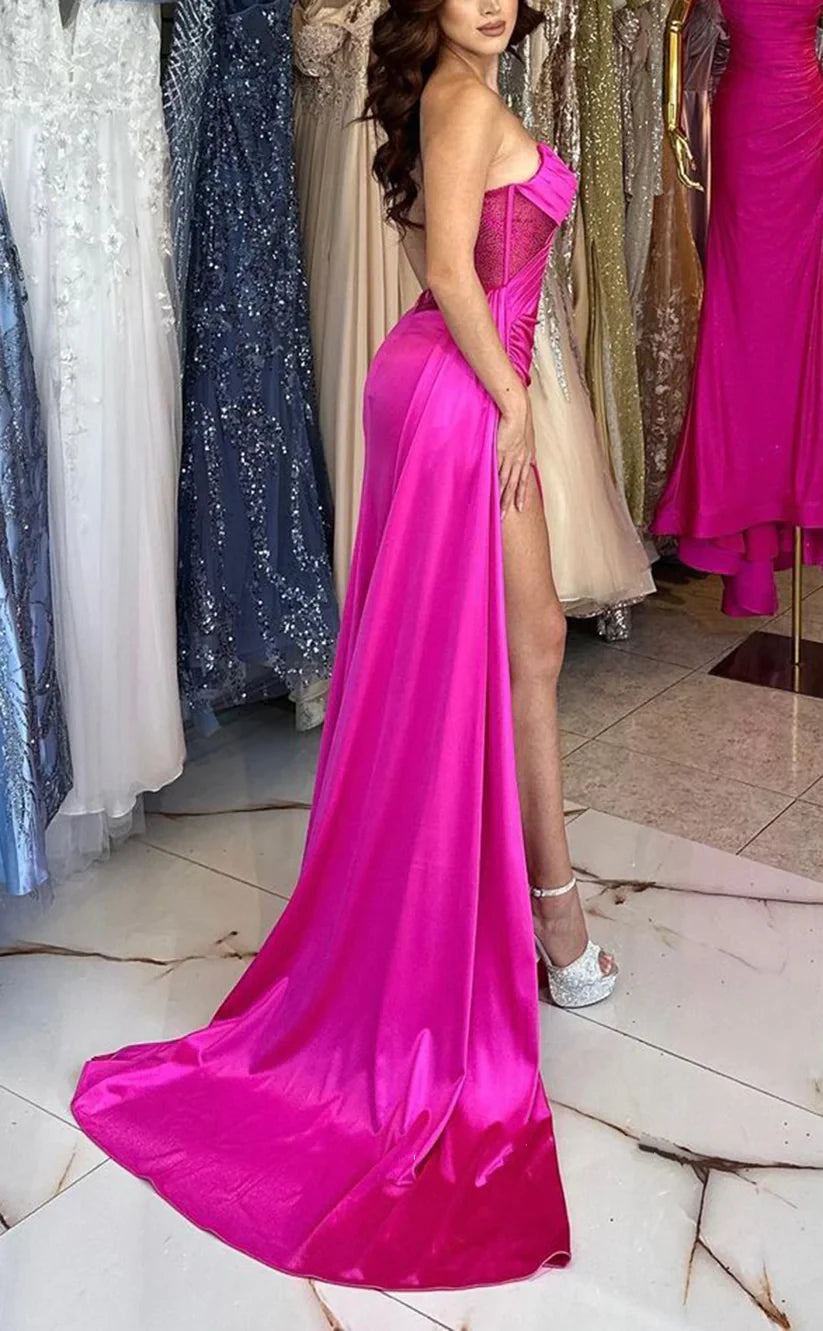 RP767-Fuchsia Mermaid Sweetheart Ruched Sleeveless Long Prom Evening Dresses Formal Party Gowns With Slit