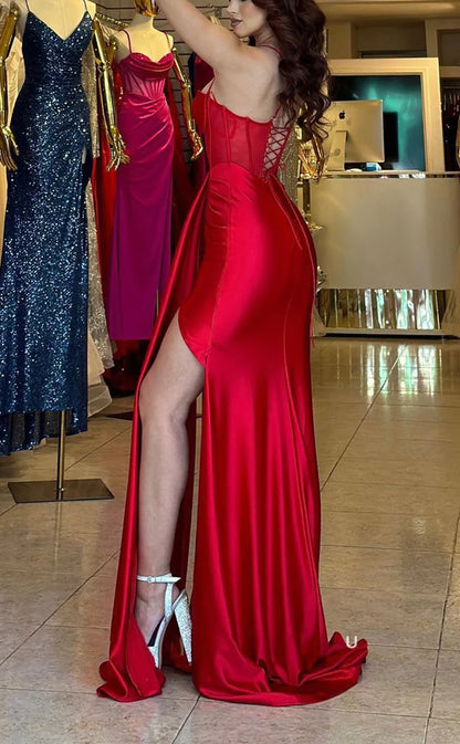 RP769-Red Mermaid Sweetheart Ruched Sleeveless Long Prom Evening Dresses Formal Party Gowns With Slit