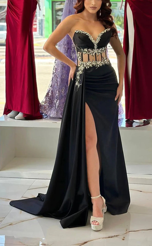 RP770-Black Mermaid Sweetheart Ruched Crystals Sleeveless Long Prom Evening Dresses Formal Party Gowns With Slit