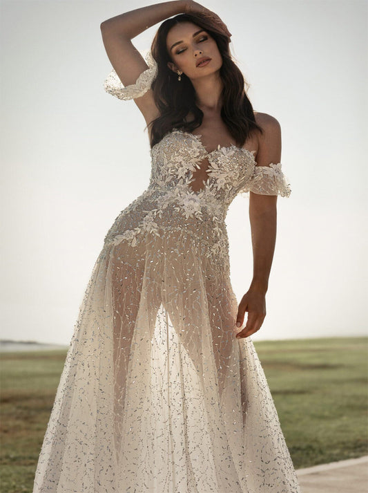 Classsic A-Line Beach Wedding Dresses Sweetheart Appliqued Beads Detachable Sleeves Tulle Sweep Train Bridal Gowns Custom