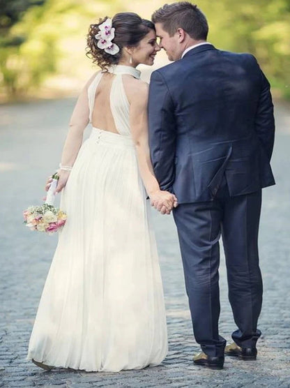 Simple A-Line Wedding Dresses High Collar Sleeveless Backless Floor Length Chiffon Bridal Gowns Custom Made