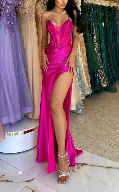 RP768-Fuchsia Mermaid Sweetheart Ruched Sleeveless Long Prom Evening Dresses Formal Party Gowns With Slit