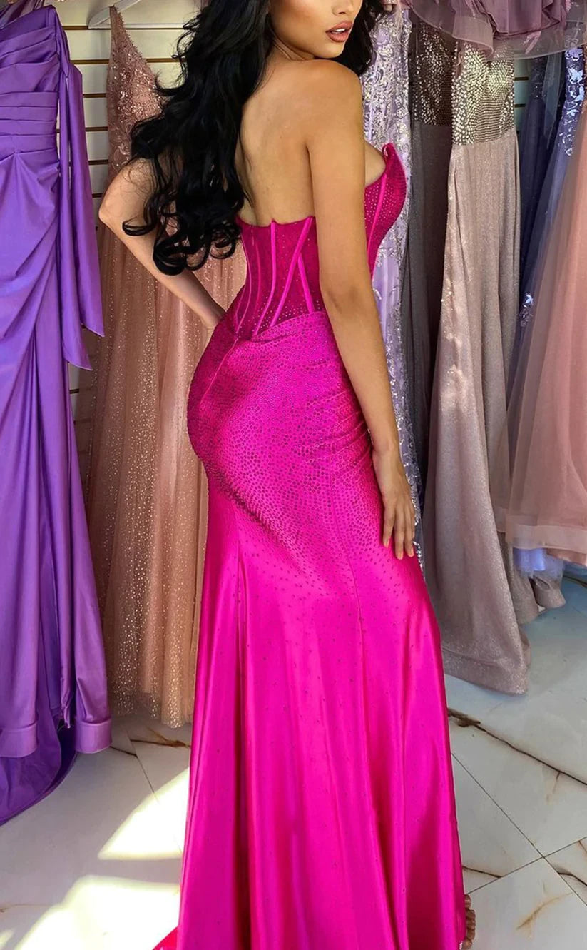 RP768-Fuchsia Mermaid Sweetheart Ruched Sleeveless Long Prom Evening Dresses Formal Party Gowns With Slit