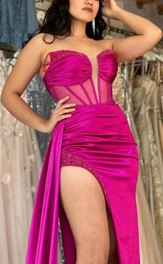 RP771-Fuchsia Mermaid Sweetheart Ruched Beads Sleeveless Long Prom Evening Dresses Formal Party Gowns With Slit