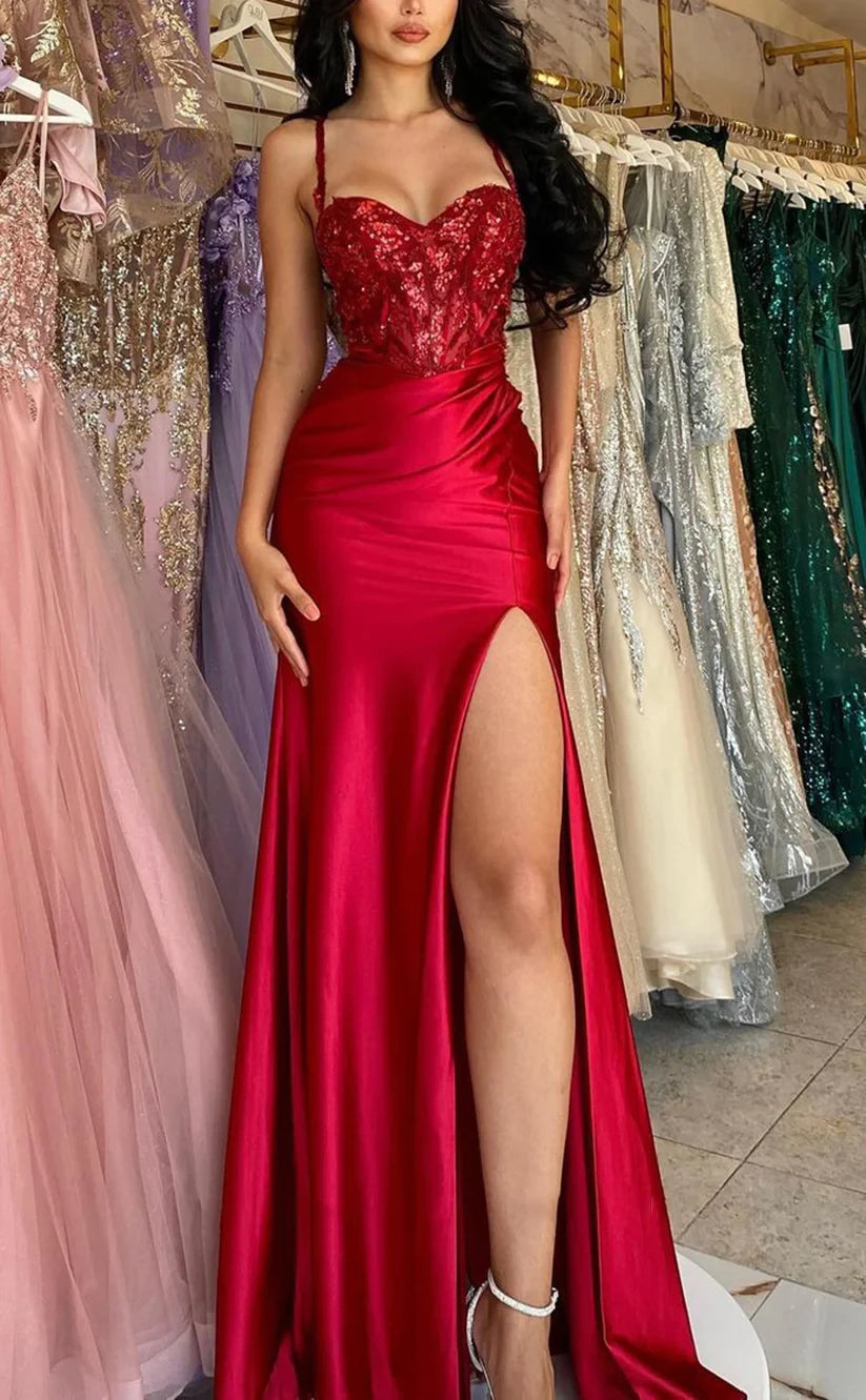 RP772-Elegant Red Mermaid Spaghetti Ruched Sequins Sleeveless Long Prom Evening Dresses Formal Party Gowns With Slit
