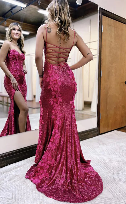 RP773-Elegant Fuchsia Mermaid Spaghetti Appliqued Sequins Sleeveless Long Prom Evening Dresses Formal Party Gowns With Slit