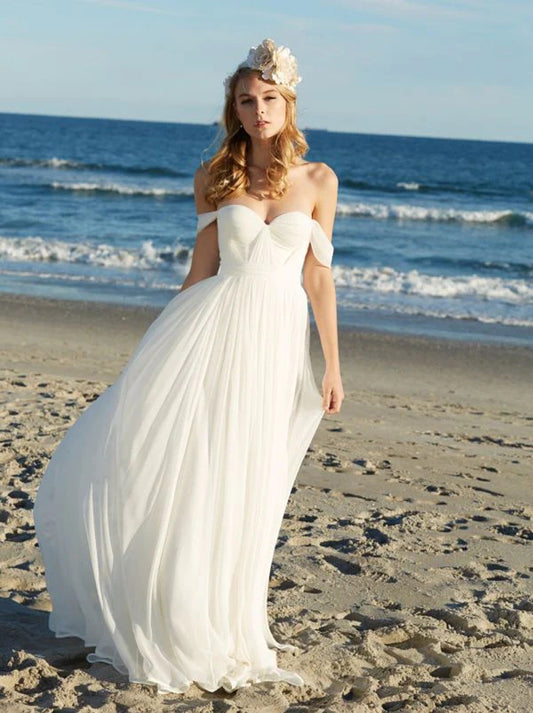 Simple Beach A-Line Wedding Dresses Strapless Cap Sleeves Pleated Backless Floor Length Chiffon Bridal Gowns Custom Made