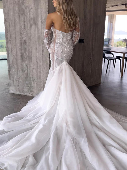 Luxurious & Elegant Mermaid Wedding Dresses Sweetheart Appliqued Beads Tulle Sweep Train Bridal Gowns With Detachable Long Sleeves