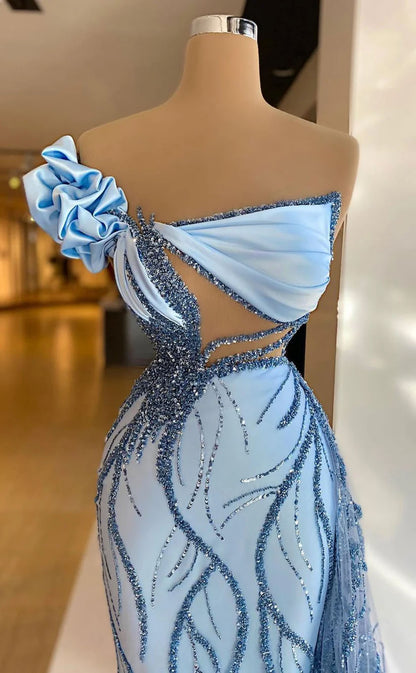 RP1704-New Sky Blue Mermaid Strapless Sequins Flower Sleeveless Tulle Prom Evening Dresses Formal Party Gowns With Train