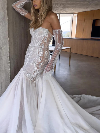 Luxurious & Elegant Mermaid Wedding Dresses Sweetheart Appliqued Beads Tulle Sweep Train Bridal Gowns With Detachable Long Sleeves