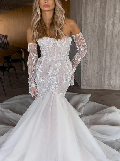 Luxurious & Elegant Mermaid Wedding Dresses Sweetheart Appliqued Beads Tulle Sweep Train Bridal Gowns With Detachable Long Sleeves