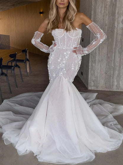 Luxurious & Elegant Mermaid Wedding Dresses Sweetheart Appliqued Beads Tulle Sweep Train Bridal Gowns With Detachable Long Sleeves