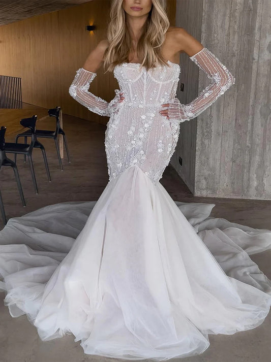 Luxurious & Elegant Mermaid Wedding Dresses Sweetheart Appliqued Beads Tulle Sweep Train Bridal Gowns With Detachable Long Sleeves