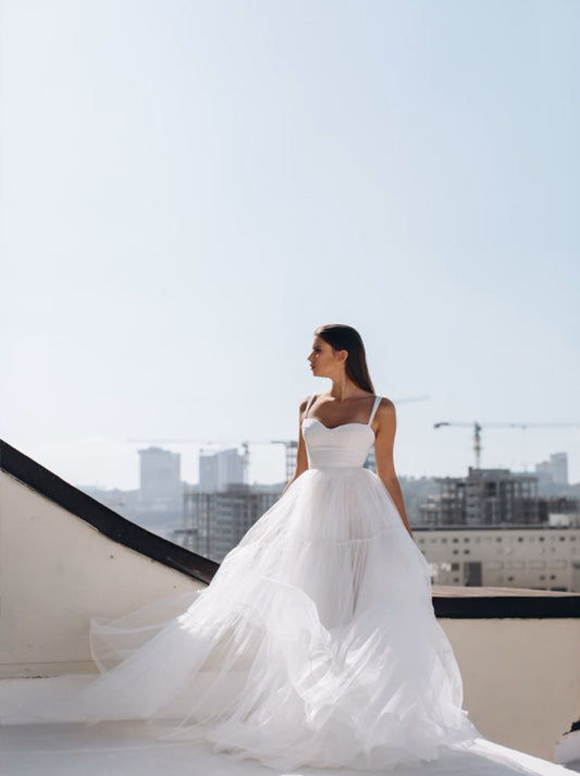 Simple A-Line Wedding Dresses Spaghetti Sleeveless Pleated Backless Tulle Bridal Gowns Custom Made