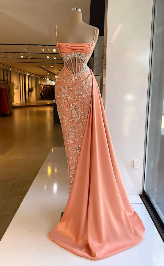 RP1706-Fashion Orange Mermaid Spaghetti Appliqued Sequins Sleeveless Satin Prom Evening Dresses Formal Party Gowns With Train