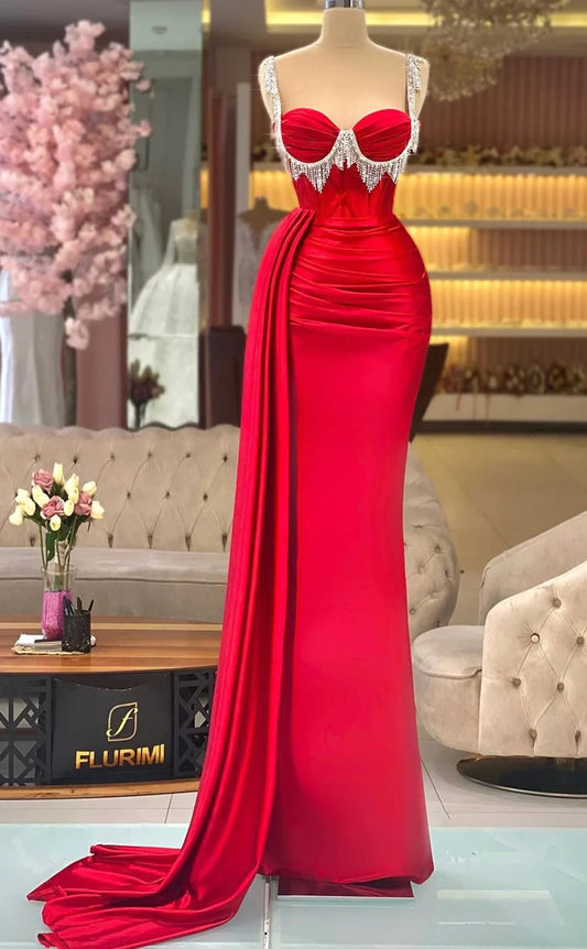 RP777-Elegant Red Mermaid Spaghetti Ruched Sequins Tassels Sleeveless Long Prom Evening Dresses Formal Party Gowns