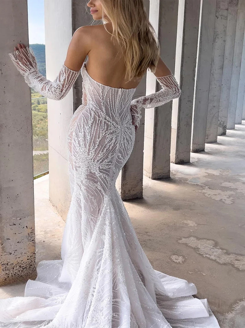 Luxurious & Elegant Mermaid Wedding Dresses Sweetheart Appliqued Beads Tulle Sweep Train Bridal Gowns With Detachable Long Sleeves