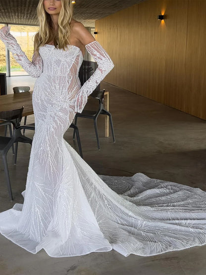 Luxurious & Elegant Mermaid Wedding Dresses Sweetheart Appliqued Beads Tulle Sweep Train Bridal Gowns With Detachable Long Sleeves