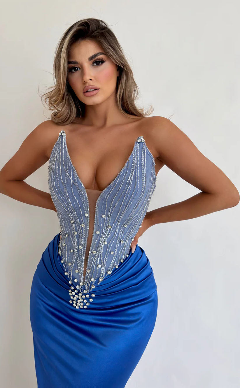 RP1707-New Royal Blue Mermaid V-Neck Beads Sleeveless Satin Floor Length Prom Evening Dresses Formal Party Gowns