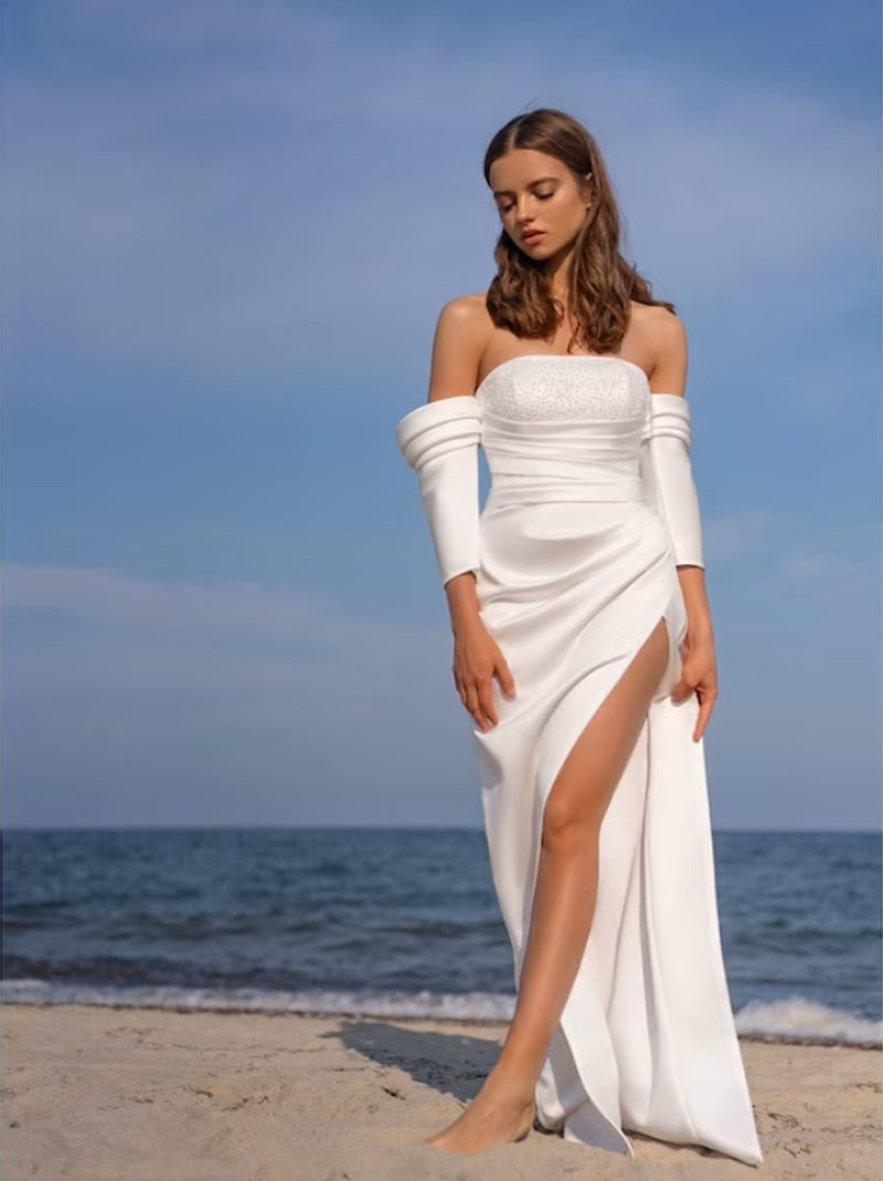 Charming Sheath Wedding Dresses Strapless Beads Side Slit Detachable Long Sleeves Satin Bridal Gowns Custom Made