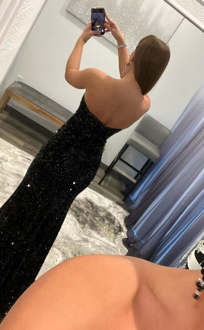 RP778-Sexy Black Mermaid Strapless Sequins Sleeveless Long Prom Evening Dresses Formal Party Gowns With Slit