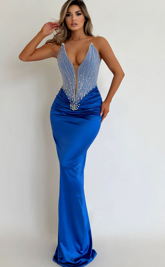 RP1707-New Royal Blue Mermaid V-Neck Beads Sleeveless Satin Floor Length Prom Evening Dresses Formal Party Gowns