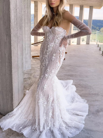 Luxurious & Elegant Mermaid Wedding Dresses Sweetheart Appliqued Beads Tulle Sweep Train Bridal Gowns With Detachable Long Sleeves