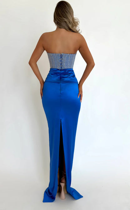 RP1707-New Royal Blue Mermaid V-Neck Beads Sleeveless Satin Floor Length Prom Evening Dresses Formal Party Gowns