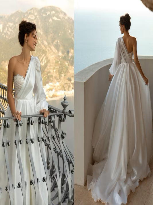 Charming A-Line Wedding Dresses One Shoulder Appliqued One Long Sleeves Sweep Train Satin Bridal Gowns Custom Made