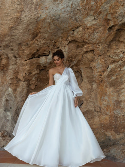 Charming A-Line Wedding Dresses One Shoulder Appliqued One Long Sleeves Sweep Train Satin Bridal Gowns Custom Made