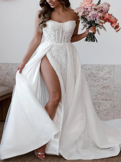 Luxurious & Charming A-Line Wedding Dresses Sweetheart Sequins Beads Tulle Sweep Train Bridal Gowns With Side Slit