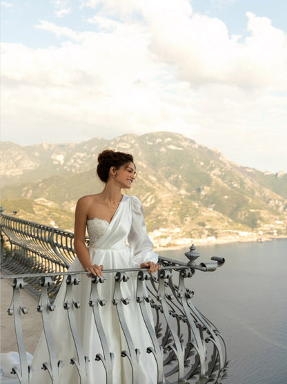 Charming A-Line Wedding Dresses One Shoulder Appliqued One Long Sleeves Sweep Train Satin Bridal Gowns Custom Made