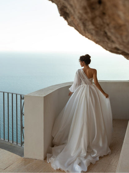 Charming A-Line Wedding Dresses One Shoulder Appliqued One Long Sleeves Sweep Train Satin Bridal Gowns Custom Made