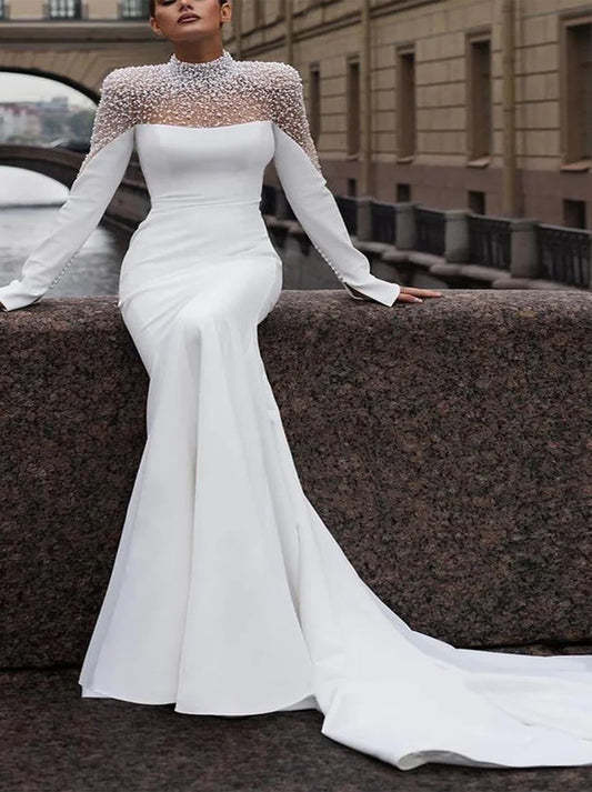 Luxurious & Sparkling Mermaid Wedding Dresses High Collar Sequins Beads Satin Sweep Train Bridal Gowns With Long Sleeves