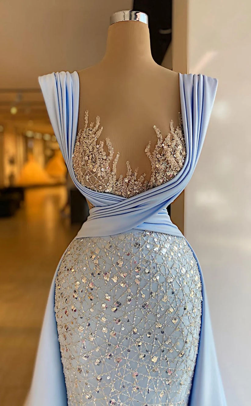 RP1708-New Sky Blue Mermaid Sweetheart Sequins Cap Sleeves Satin Prom Evening Dresses Formal Party Gowns With Train