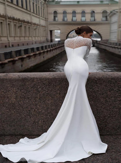 Luxurious & Sparkling Mermaid Wedding Dresses High Collar Sequins Beads Satin Sweep Train Bridal Gowns With Long Sleeves