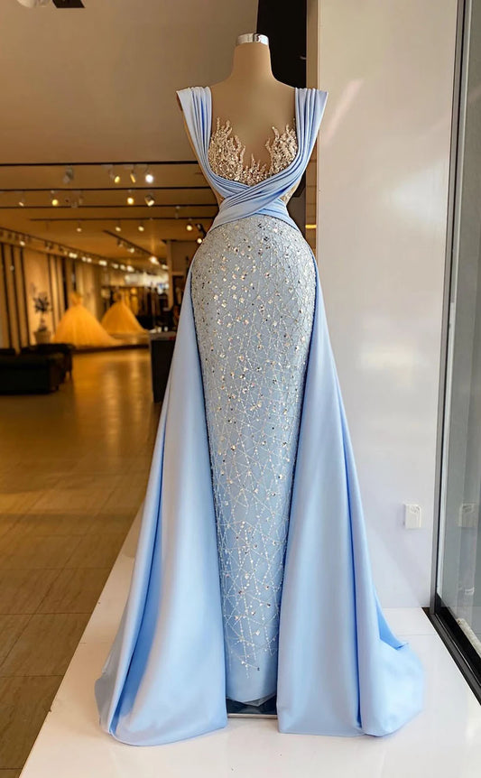 RP1708-New Sky Blue Mermaid Sweetheart Sequins Cap Sleeves Satin Prom Evening Dresses Formal Party Gowns With Train